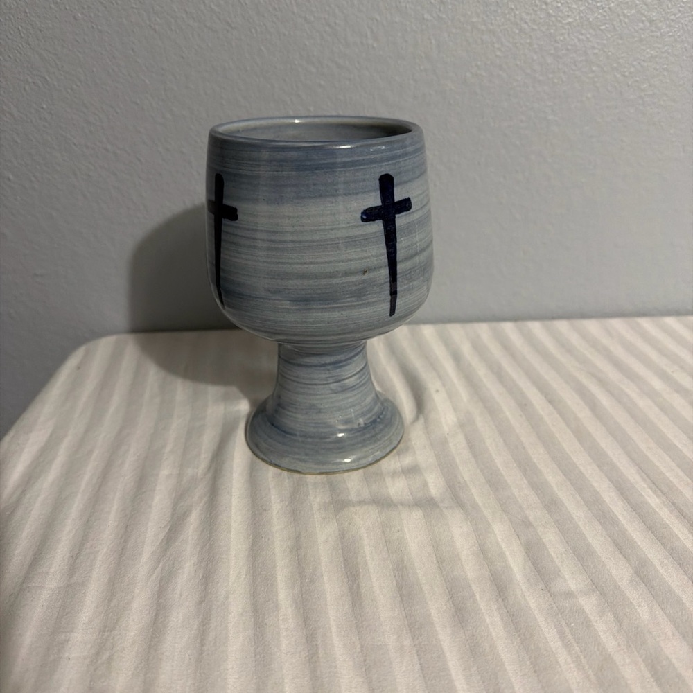 Hand Thrown Blue Vtg Chalice Cross Louisville Pottery Stoneware Chalice Marked - Picture 5 of 11